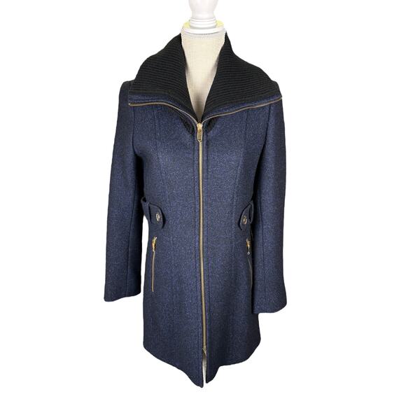 NWOT Via Spiga Wool Coat Women's 8 Petite Knit Collar Gold Front Zip Blue Black - Picture 1 of 13